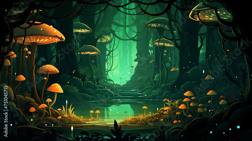 A vector representation of a mythical forest with glowing plants.