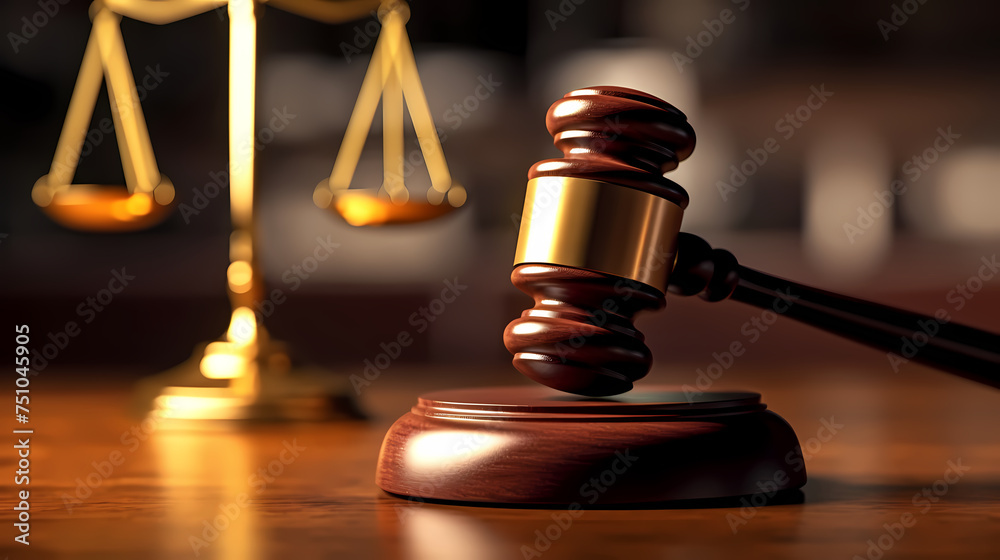 Close-up of gavel on judge's table with golden details symbolizing law, justice and court authority Close-up of gavel on judge's table with golden details symbolizing law, justice and court authority