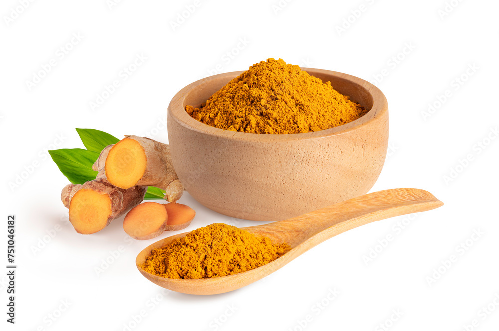 Turmeric powder in wooden bowl and spoon on white background. Turmeric powder in wooden bowl and spoon on white background.