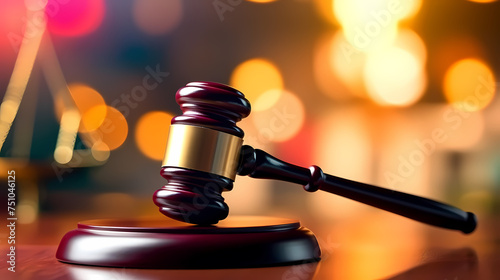 Close-up of gavel on judge's table with golden details symbolizing law, justice and court authority