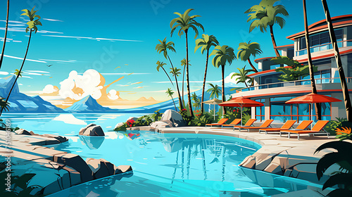 A vector representation of a tropical resort by the sea.