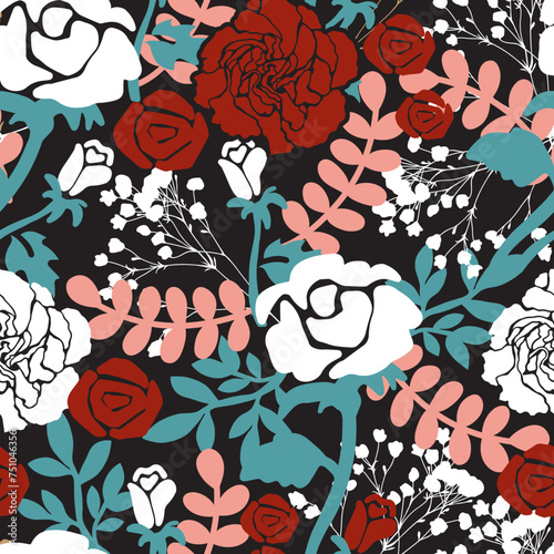 White and Red Rose Floral Rendezvous Pattern