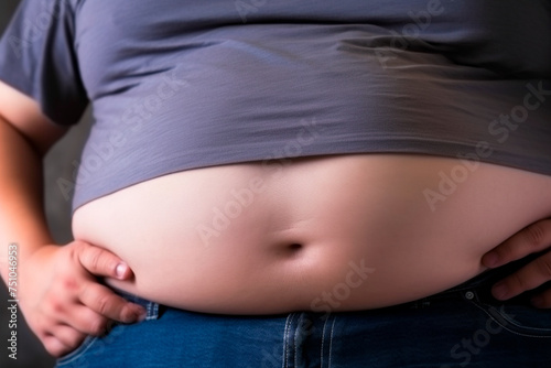 Prominent belly concerns about obesity manifested, an introspective moment about health.