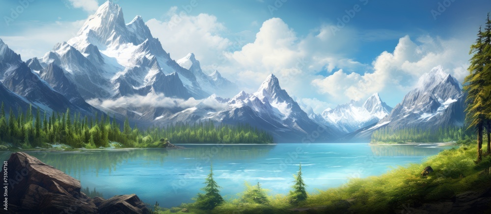 A painting depicting a mountain lake nestled among lush green trees. The towering peaks of the mountains frame the serene lake, reflecting the clear blue sky above.