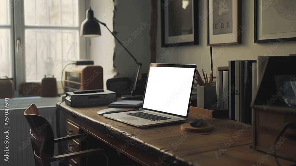 A laptop is on a desk in a room with a window. The room is well lit and has a cozy atmosphere A laptop is on a desk in a room with a window. The room is well lit and has a cozy atmosphere
