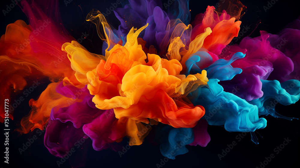 Black background with colorful splashes. Luxurious background with colorful abstract explosions.