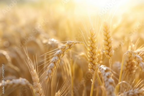 Close up of wheat ears in sunny field of wheat in a summer or autumn day. Harvesting period