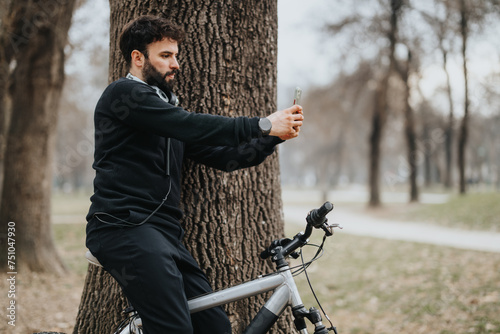 A young man with earphones pauses for a selfie by a tree, resting on his bicycle in an autumnal park setting, capturing leisure and fitness moments.