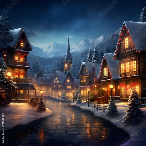 Winter night in the village. Christmas and New Year holidays concept.