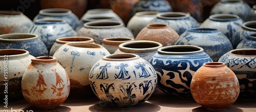 A collection of ancient ceramics from Bat Trang village, consisting of various vases, arranged neatly on top of a wooden table in a room.