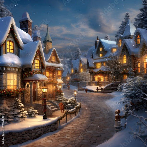 Winter night in the village. Christmas and New Year holidays background. © Iman