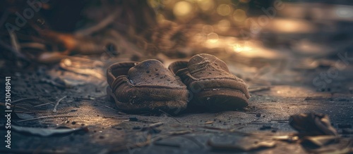 This image showcases a pair of faded, grimy, and time-worn slippers placed on the ground. The shoes appear old and well-used, adding a sense of wear and tear to the scene. photo