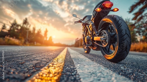 A motorcycle parking on the road side and sunset, select focusing background photo
