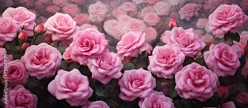 A cluster of pink roses are in full bloom  showcasing vibrant petals and green leaves. The flowers are surrounded by more roses  all in various stages of blooming.
