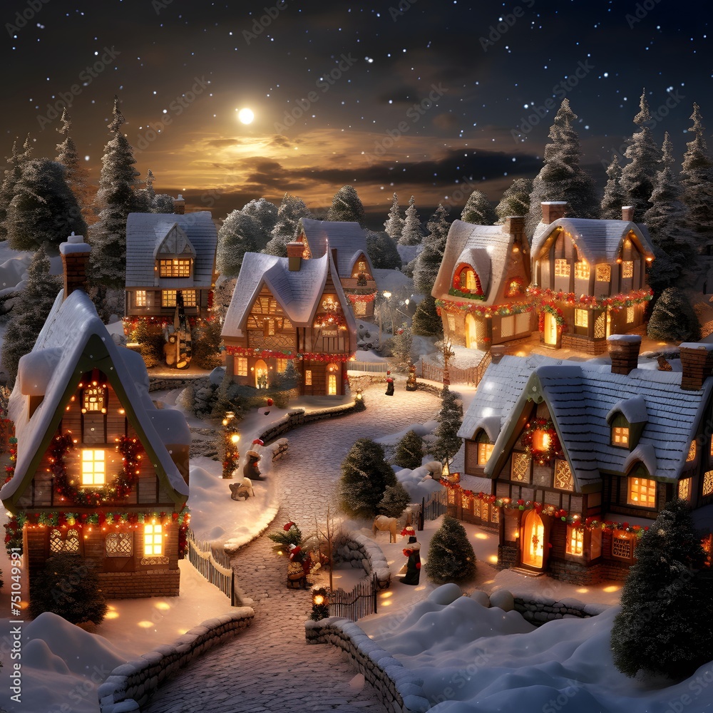 Christmas village at night with a full moon in the sky. 3d rendering