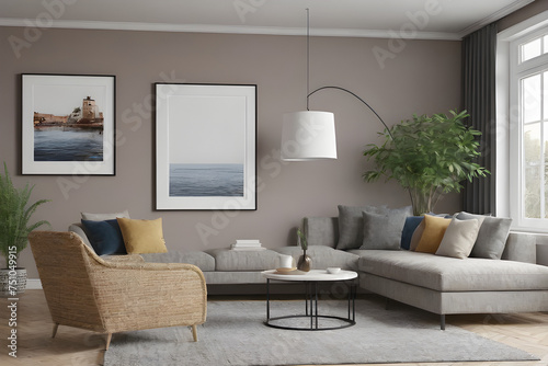 Modern Art Showcase: Mockup of Living Room Wallpaper Posters in Modern Interior Decorated with ISO A Paper Size Frame Mockup generative ai