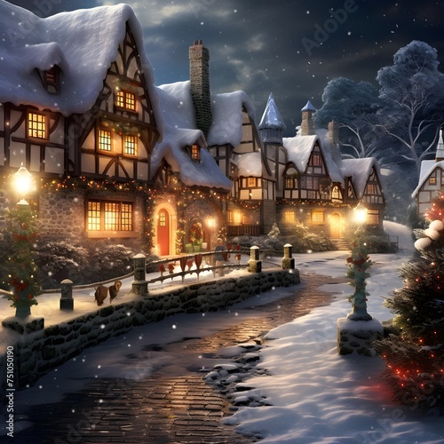 Digital painting of a christmas town at night with snow in the foreground