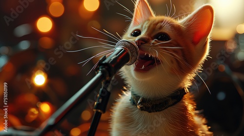 Funny cat singing and holding a microphone. Created with Generative AI.