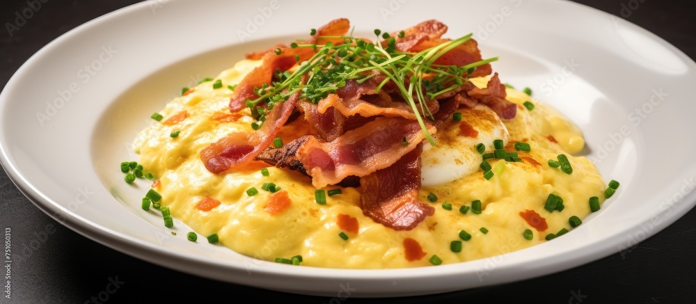 A white plate is filled with tempting breakfast delights, featuring crispy bacon strips and scrambled eggs. The golden eggs and sizzling bacon create a mouthwatering combination. A white plate is filled with tempting breakfast delights, featuring crispy bacon strips and scrambled eggs. The golden eggs and sizzling bacon create a mouthwatering combination.