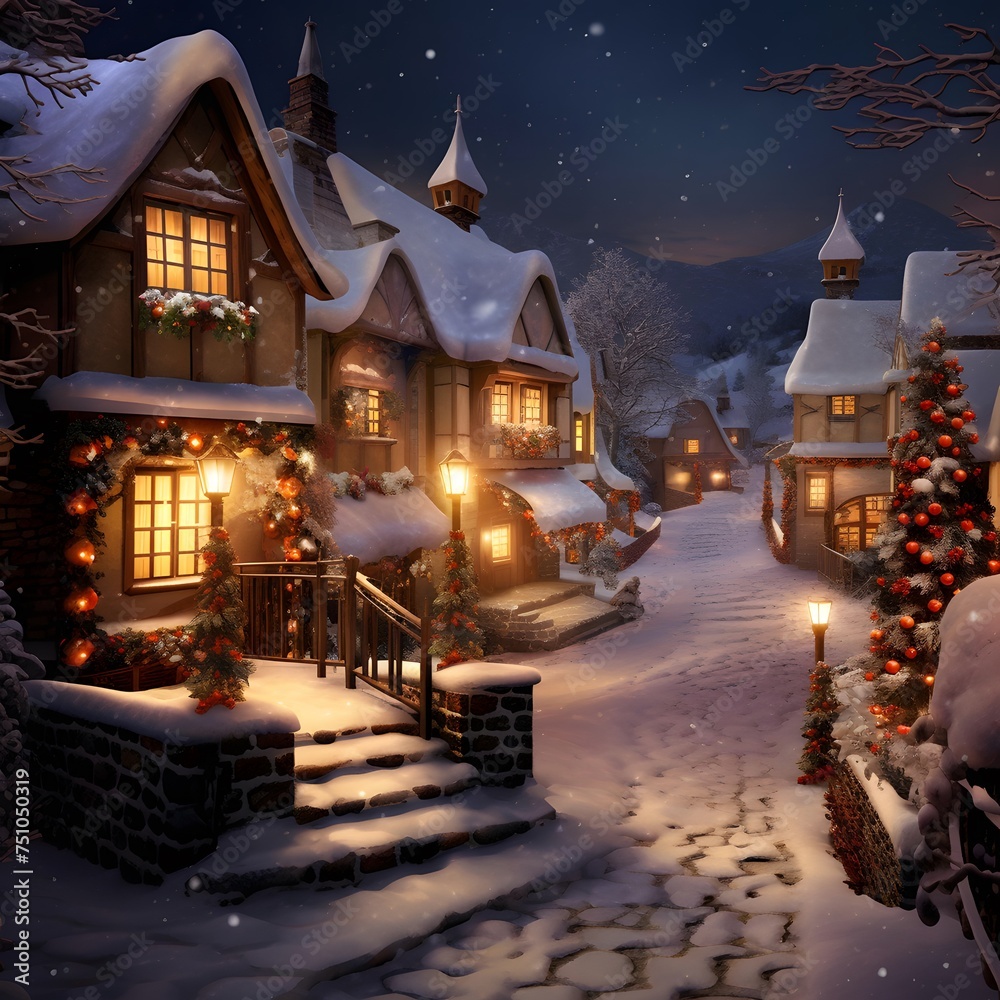 Christmas village with snow and lights at night. 3D illustration.