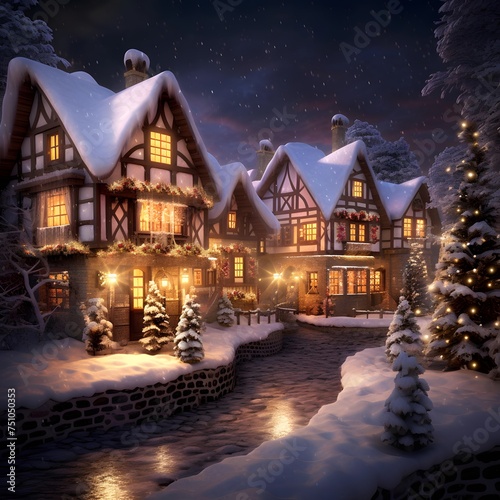 Winter night in the village. Christmas landscape with a wooden house and snow covered trees.