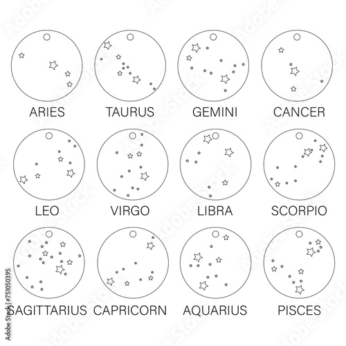 Zodiac Constellation Elegance: Best-Selling Adobe Stock Vector for 12 Circle Pendant Cut-Out Jewelry Designs - Top 50 Tags for Stylish, Celestial, and Astrological Accessories