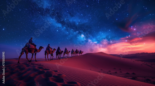 A group of camels are walking across a desert at night under milky way vista. The sky is filled with stars. The scene is peaceful and serene, with the camels and the stars creating a sense of wonder