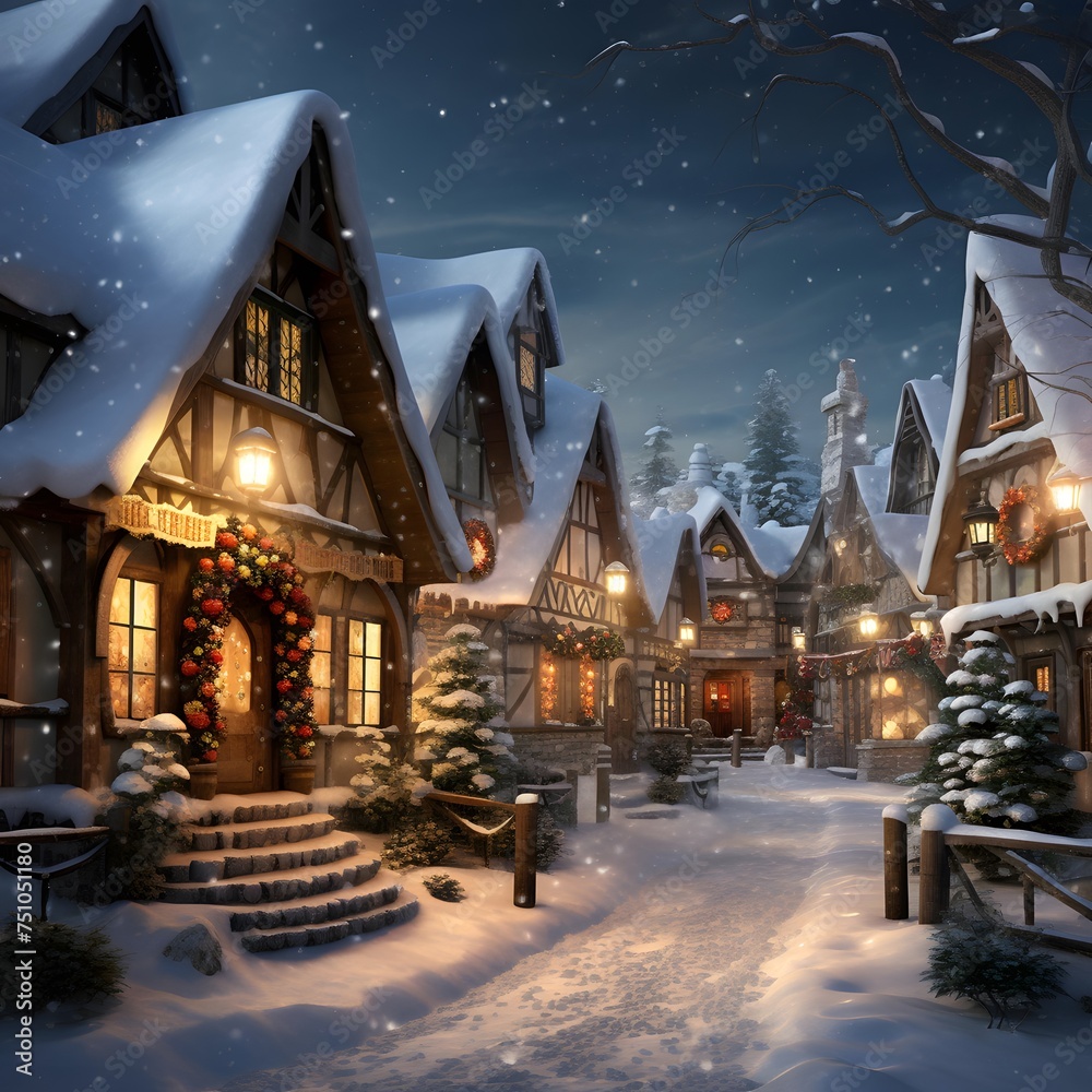 Beautiful winter night in the village. Christmas and New Year concept.