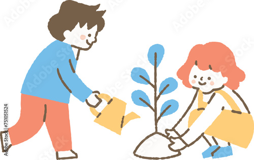 木の苗を植えようとしている男の子と女の子_色