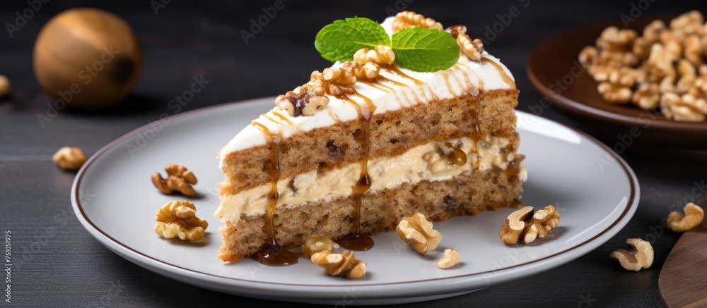 A delicious homemade walnut cake sits on a white plate, surrounded by whole walnuts. The cake is rich and moist, with crunchy nuts adding texture and flavor. Perfect for a tea-time treat or dessert. A delicious homemade walnut cake sits on a white plate, surrounded by whole walnuts. The cake is rich and moist, with crunchy nuts adding texture and flavor. Perfect for a tea-time treat or dessert.