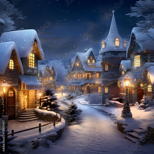 Winter village at night, digital painting, 3d rendering. Computer digital drawing.