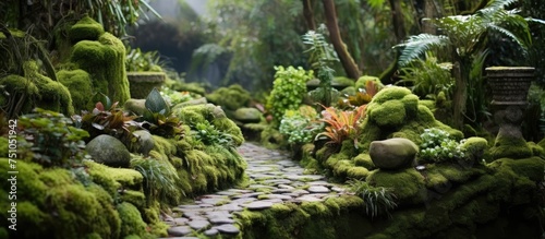 A garden filled with rocks covered in moss  creating a lush green landscape. The moss thrives on the damp rocks  adding texture and color to the garden.