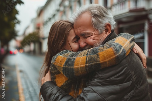 caucasian teenage daughter hugging her father outside in town when spending time together