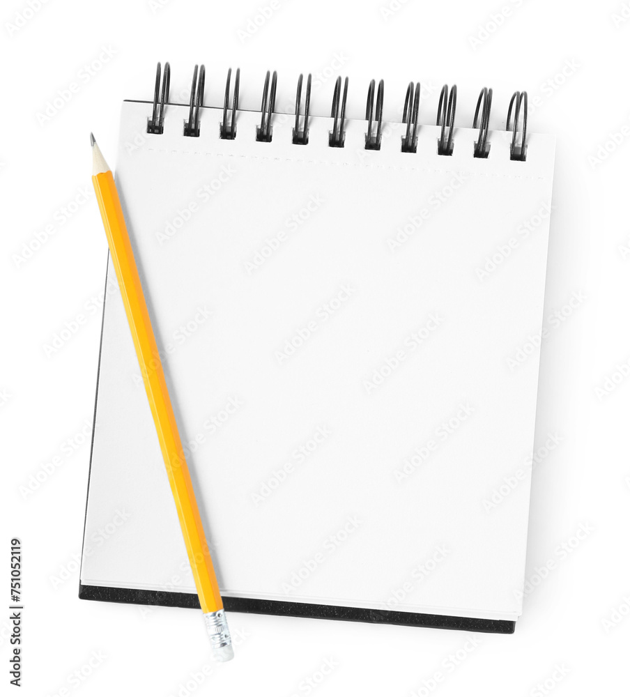 Notebook and pencil isolated on white, top view Notebook and pencil isolated on white, top view