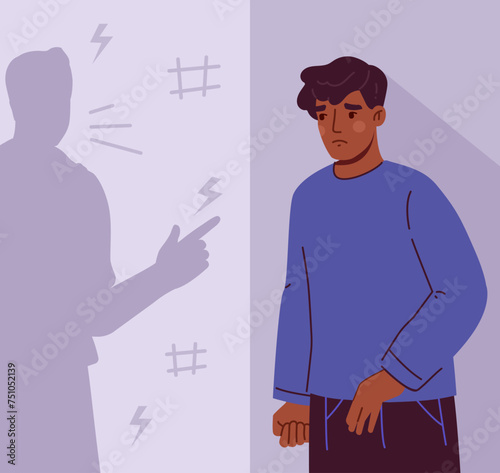 Man with bullying concept. Young guy stands near violet wall and background with shadow. Negative emtions and depression, sadness. Cartoon flat vector illustration isolated on violet background