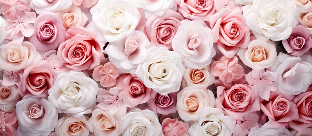 Fototapeta A vibrant group of pink and white flowers stands out in full bloom, creating a captivating display of beauty and charm. The romantic roses pop against a lush green floral background.