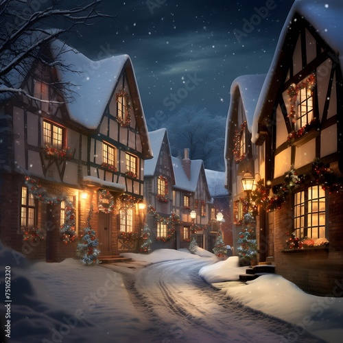 Winter night in a snowy village. Christmas and New Year concept.