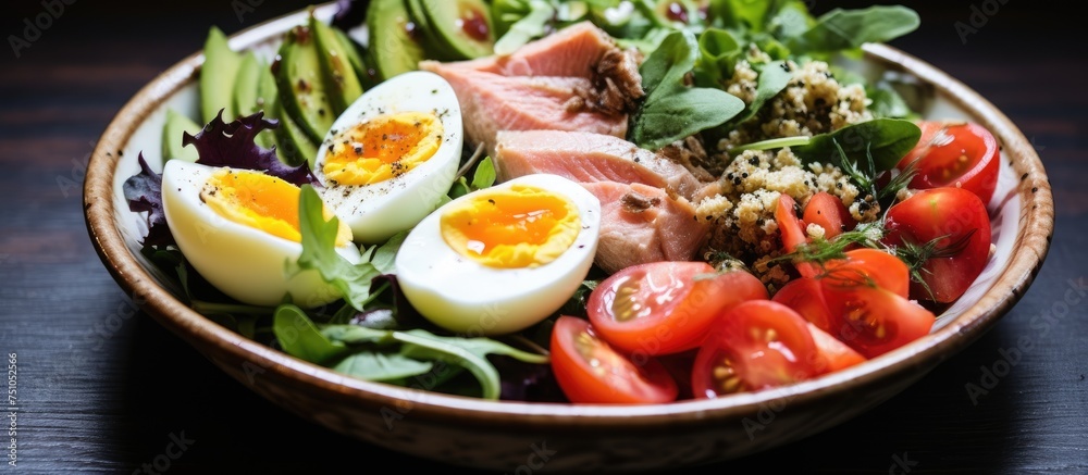 A nutritious Nicoise salad featuring hard boiled eggs, fresh tomatoes, crisp cucumbers, and leafy lettuce, creating a vibrant and satisfying meal option.