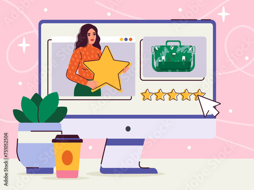 Customer reviews concept. Woman with star in hands at laptop screen. Ranking and ratings of products on internet. Electronic marketing. Cartoon flat vector illustration isolated on pink background