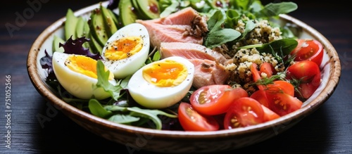 A nutritious Nicoise salad featuring hard boiled eggs, fresh tomatoes, crisp cucumbers, and leafy lettuce, creating a vibrant and satisfying meal option.