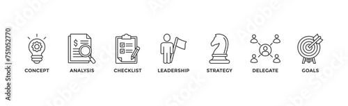 Planning banner web icon vector illustration concept with icon of concept, analysis, checklist, leadership, strategy, delegate and goals	