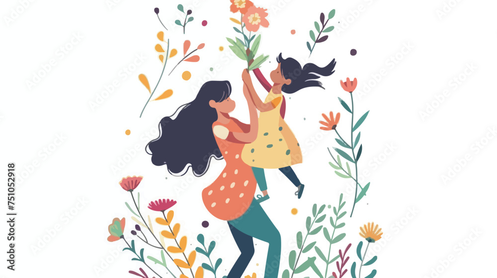 Mother lifting daughter with floral decoration isola