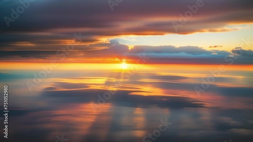 Mesmerizing dawn hues paint the sky, casting a golden glow above billowing clouds. Weather concept. High-quality video. Time-lapse. Cloudscape background.
