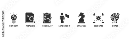 Planning banner web icon vector illustration concept with icon of concept, analysis, checklist, leadership, strategy, delegate and goals	
