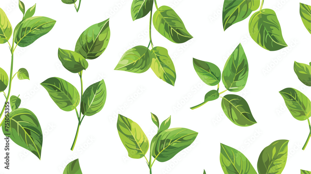 Plant green seamless pattern flat leaves on stem iso