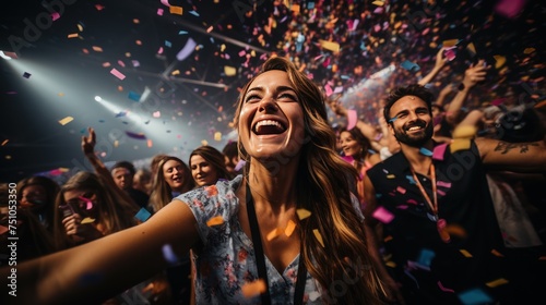 Portrait of happy young woman dancing with confetti in a nightclub