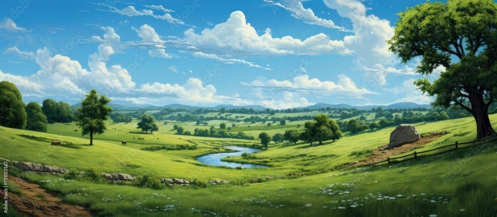 A painting displaying a vast green field with a river cutting through its center. The lush grasses and trees surround the flowing water, creating a serene natural scene.