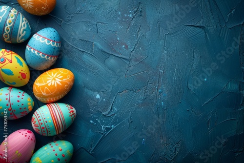Easter eggs with detailed floral designs and speckles set against springtime backgrounds of grass and flowers, embodying the festive spirit of the season