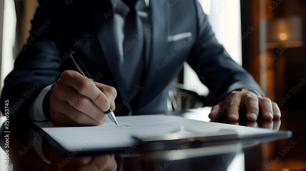 A man with a suit signs an important agreement document, with a blurred background. A man with a suit signs an important agreement document, with a blurred background.