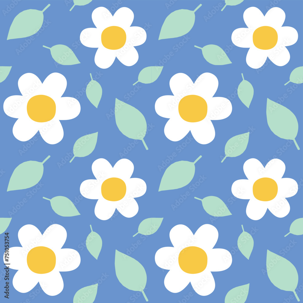Vector seamless pattern of flat hand drawn flowers isolated on blue background